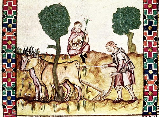 Fol.237r A farmer teaching his son to plough a field a Spanish School