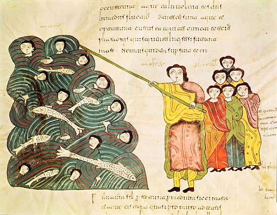 Fol.39v Moses closing the Red Sea on the Egyptians, from the ''Bible Mozarabe'' a Spanish School