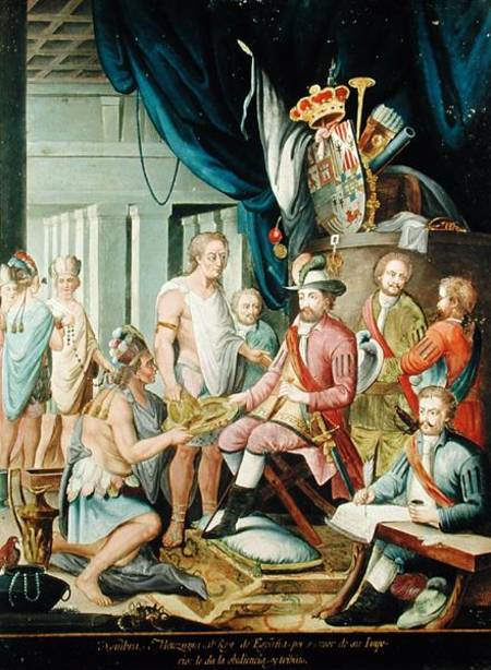 Montezuma Declares his Allegiance to the King of Spain before Cortes a Spanish School