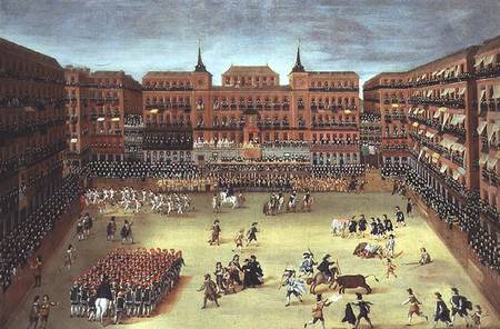 Panorama of a fiesta in the Plaza Mayor in Madrid a Spanish School