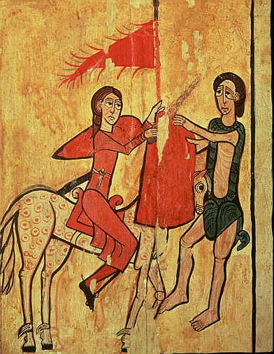 St. Martin and the Beggar, detail from an altar frontal from Sant Marti de Puigbo, Gombren a Spanish School