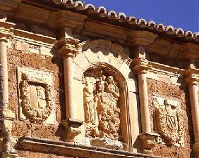 Detail from the facade of the church founded in 1194 and moved to its present site in 1218