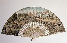 Fan depicting the Plaza de la Cebada, Madrid (ivory & gouache on paper)