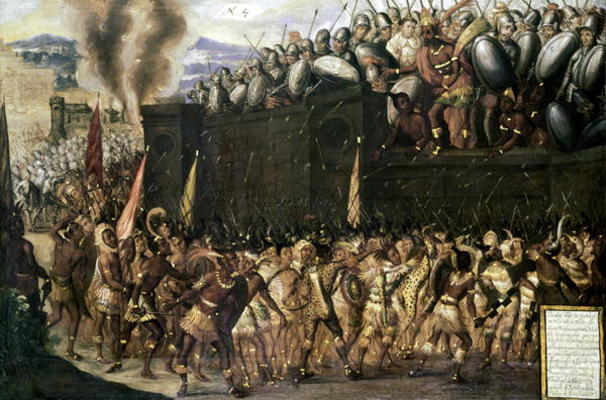Montezuma (1466-1547), captured by the Spaniards, pleads with the Aztecs to surrender as they attack a Spanish School, (16th century)
