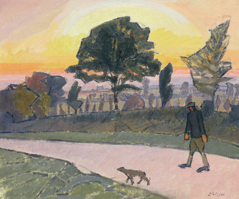 Sunset, Letchworth, with Man and Dog a Spencer Frederick Gore