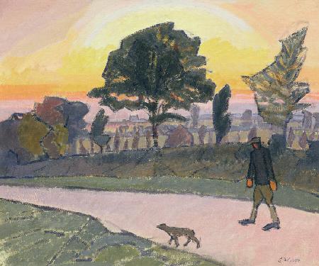 Sunset, Letchworth, with Man and Dog