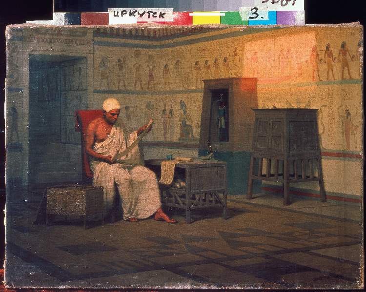 Ägyptischer Priester beim Studium einer Papyrus-Rolle a Stephan Bakalovitsch