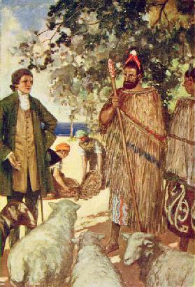 Captain Cook (1728-79) presents the natives with some sheep and goats, illustration from The Book of