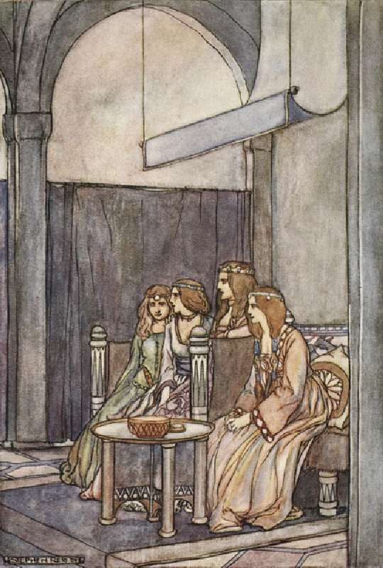 There sat the three maidens with the Queen, illustration from The High Deeds of Finn, and other Bard a Stephen Reid