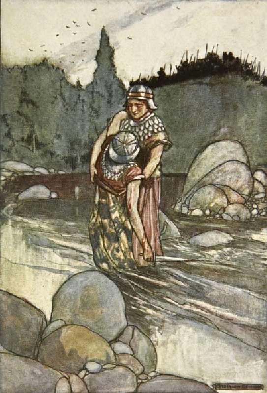 Ferdia falls by the Hand of Cuchulain, illustration from Cuchulain, The Hound of Ulster, by Eleanor  a Stephen Reid