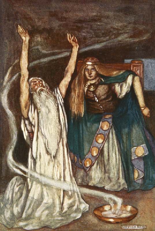 Queen Maeve and the Druid, illustration from Cuchulain, The Hound of Ulster, by Eleanor Hull (1860-1 a Stephen Reid