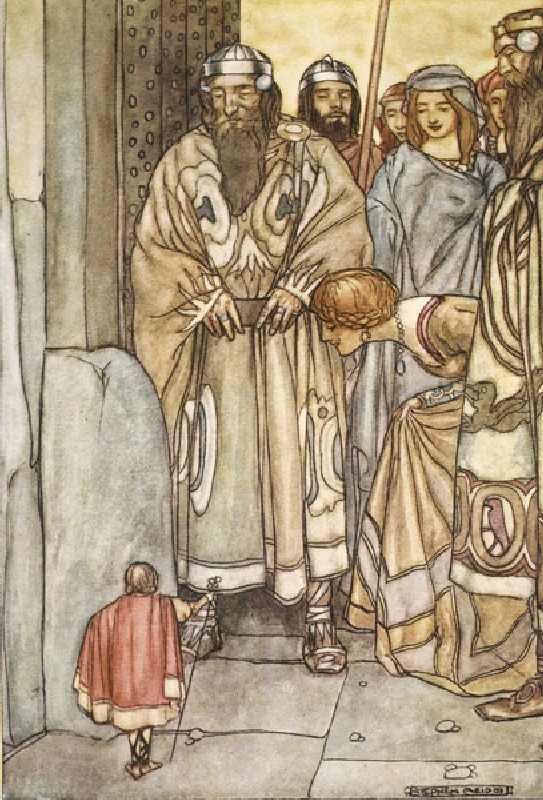 They all trooped out, lords and ladies, to view the wee man, illustration from The High Deeds of Fin a Stephen Reid