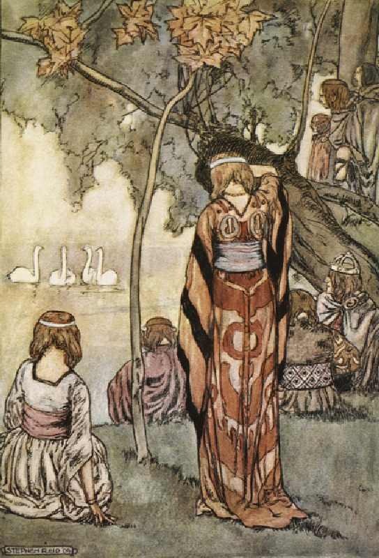 They made an encampment and the swans sang to them, illustration from The High Deeds of Finn, and ot a Stephen Reid