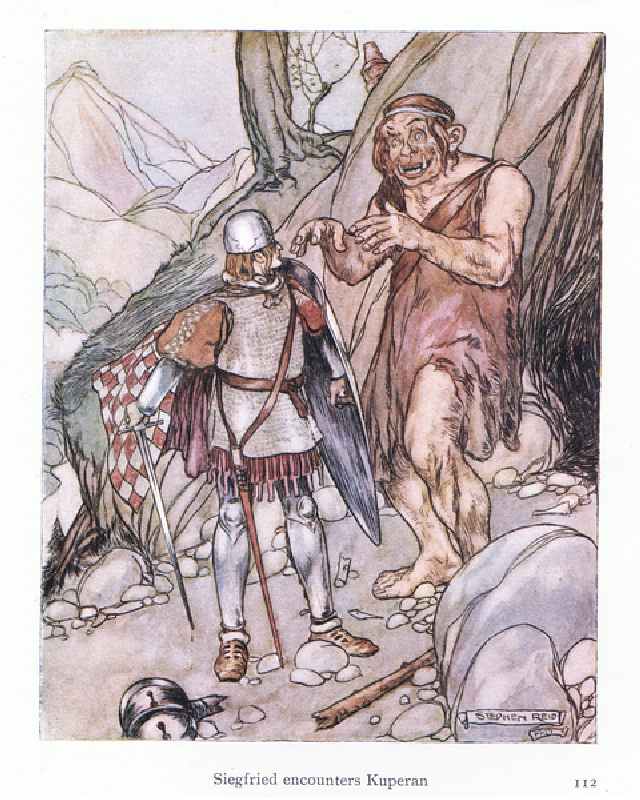 Siegfried encounters Kuperan (colour litho) a Stephen Reid