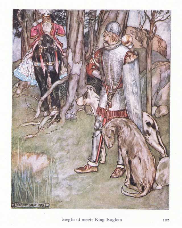 Siegfried meets King Euglein (colour litho) a Stephen Reid