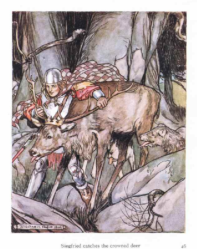 Siegried catches the crowned deer (colour litho) a Stephen Reid
