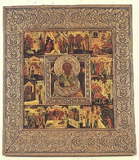 Russian icon depicting St.Nicholas, within a surround of 12 scenes from the life of Christ a Stroganov School