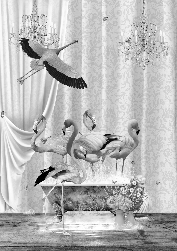 A flurry of Flamingos &amp; Bubbles Black &amp; White a Sue Skellern