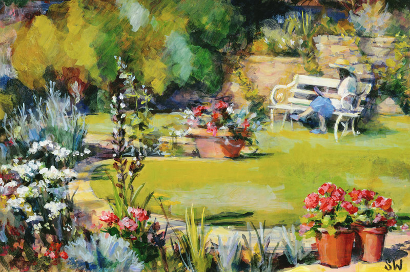 Reading in the garden a Sue Wales