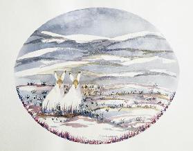 Two Hares in a Snowy Landscape (w/c)