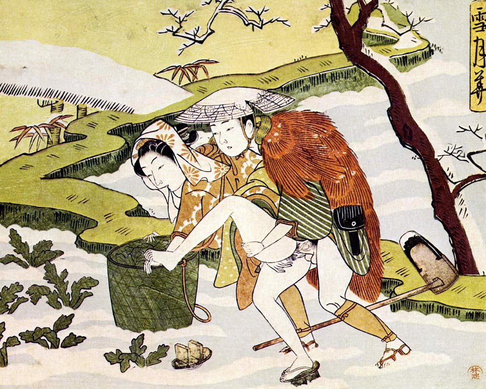 Shunga (Erotic woodblock print) From the Series "Setsugekka" (Snow, moon and flower) a Suzuki Harunobu