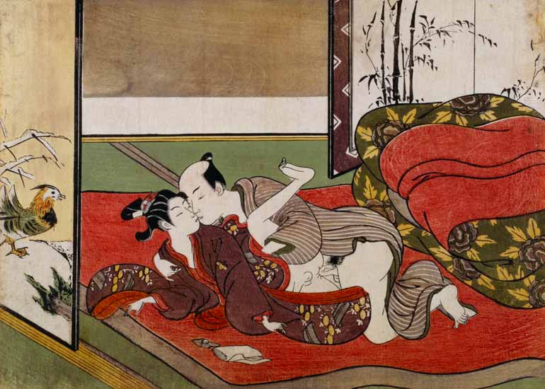 A 'Shunga', from a series of twenty four erotic prints: lovers, a man and a boy, 1725-70 a Suzuki Harunobu
