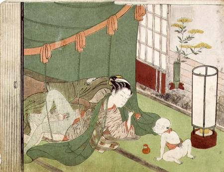 A 'Shunga', from a series of twenty four erotic prints: lovers, with child looking on, 1725-70 a Suzuki Harunobu