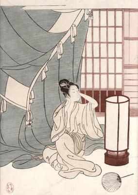Young woman kneeling by her mosquito net, 1766 (colour woodblock print) a Suzuki Harunobu