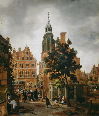 The Munt Tower with a Quack Praising his Merchandise, Amsterdam (oil on panel) a Sybrandt van Beest