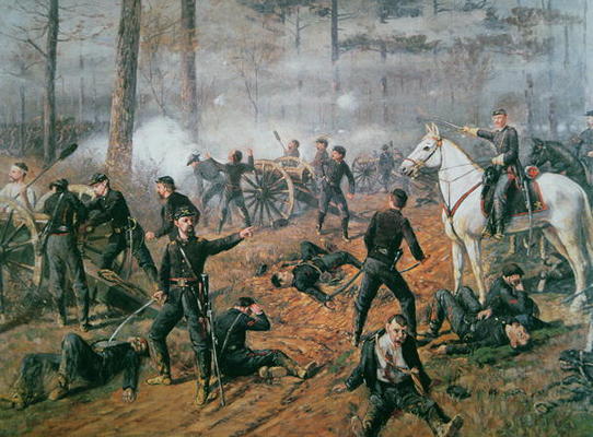 Captain Hickenlooper's battery in the Hornet's Nest at the Battle of Shiloh, April 1862 (colour lith a T. C. Lindsay