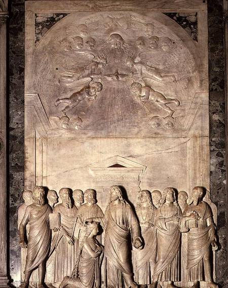 Coronation of the Virgin, sculptured marble altarpiece a T.  Lombardo