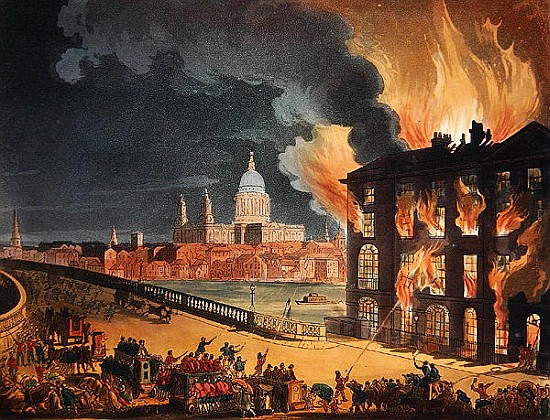 Fire at Albion Mill, Blackfriars Bridge, from Ackermann''s ''Microcosm of London'' c.1808-11 a T. Rowlandson