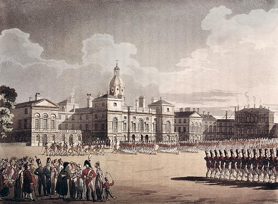 Mounting Guard at St. James''s Park; engraved by J. Bluck, pub. 1809Ackermann''s ''Repository of Art a T. Rowlandson
