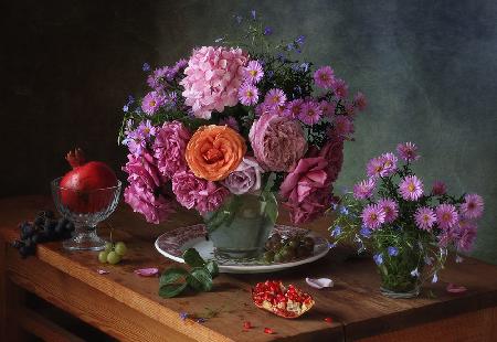 Still life with flowers and fruits