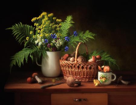 Still life with mushrooms and bouquet