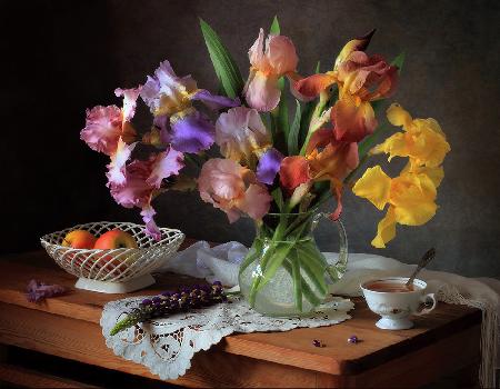 Still life with irises and apples