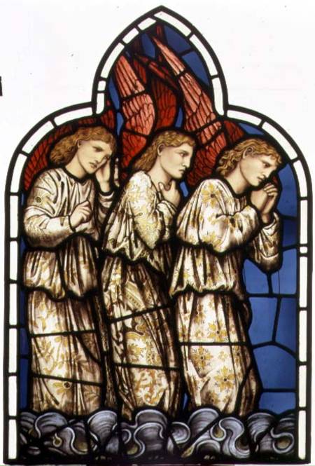 Three Angels, stained glass window removed from the east window of St. James' Church, Brighouse, Wes a The William Morris factory
