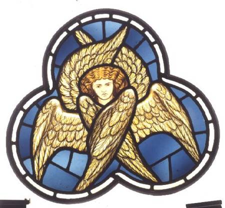Many-winged Angel, stained glass window removed from the east window of St. James' Church, Brighouse a The William Morris factory