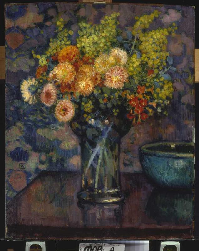 Glass vase with bouquet of flowers. a Theo van Rysselberghe