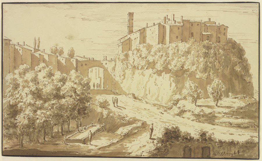 Italienische Stadt auf einem Felsen, am Fuße desselben das Stadttor, vorne Wäscherinnen a Theodoor Wilkens