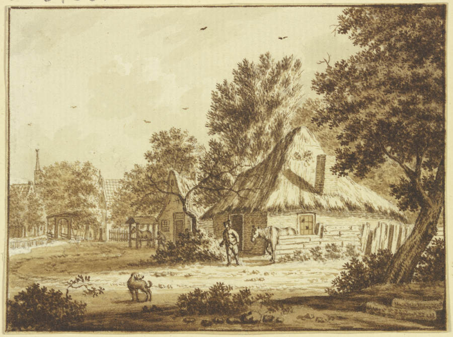 Bauerndorf, ein Mann führt ein Pferd aus seinem Hof, vorne ein Hund a Theodor de Bruyn