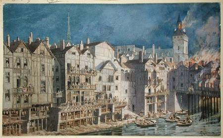 Fire at the Pont aux Meuniers in 1621 (pen & ink and w/c on paper) a Theodor Josef Hubert Hoffbauer