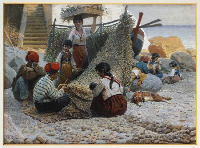Fischer beim Ausbessern der Netze auf Capri a Theodor Leopold Weller