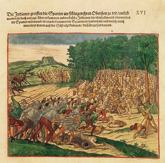 Battle between the Indians and the Spanish in which the Spanish colonel was beaten to death a Theodore de Bry
