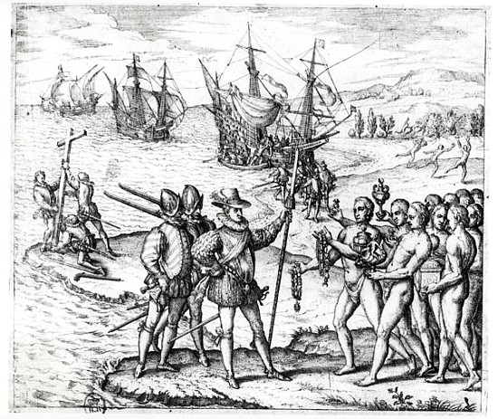 Christopher Columbus (1451-1506) receiving gifts from the cacique, Guacanagari, in Hispaniola (Haiti a Theodore de Bry