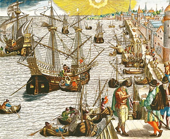 Departure from Lisbon for Brazil, the East Indies and America, illustration from ''Americae Tertia P a Theodore de Bry