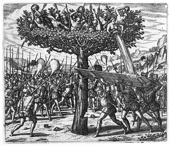 Indians in a Tree Hurling Projectiles at the Spanish a Theodore de Bry