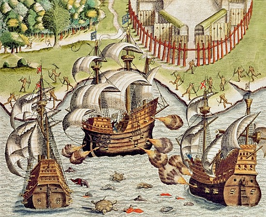 Naval Battle between the Portuguese and French in the Seas off the Potiguaran Territories, from ''Am a Theodore de Bry