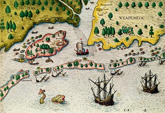 The Arrival of the English in Virginia, from ''Admiranda Narratio..'', 1585-88 a Theodore de Bry