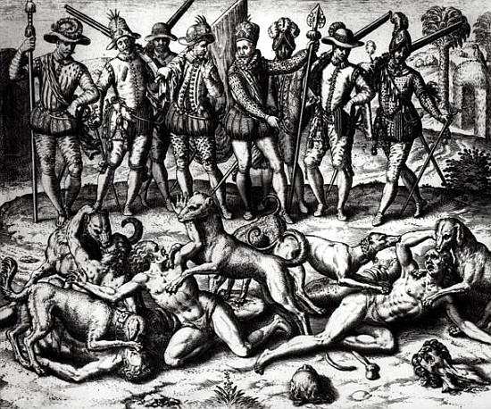 The dogs of Vasco Nunez de Balboa (1475-1571) attacking the Indians a Theodore de Bry